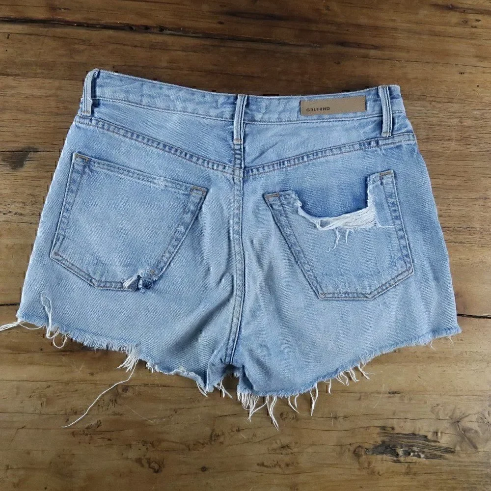 GRLFRND HELENA TAINTED LOVE DISTRESSED CUT OFF BUTTON FLY BLUE JEANS SIZE 25